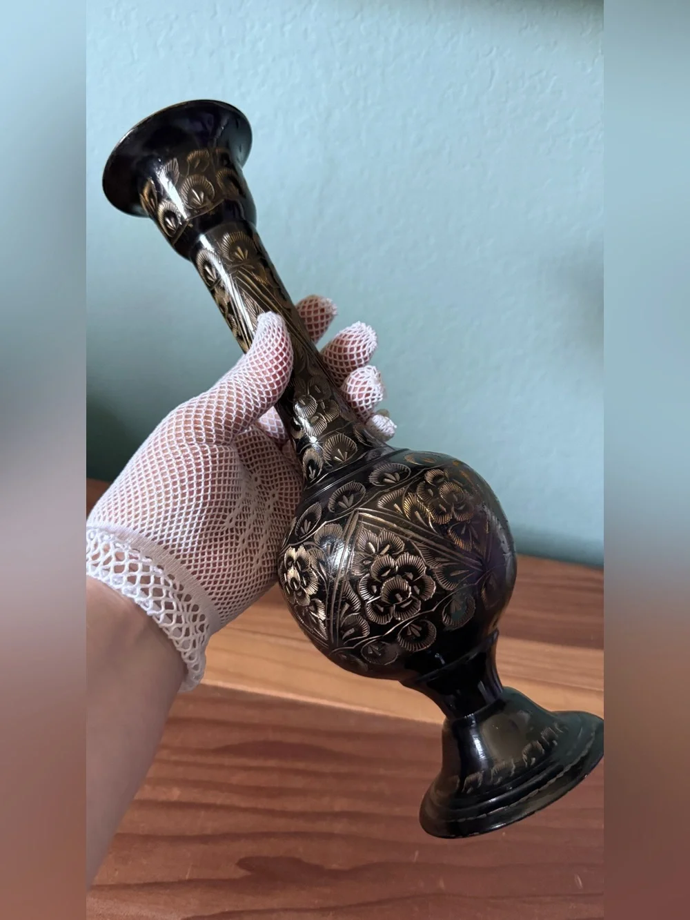 Vintage India Engraved Metal Vase Floral Etched Black Brass 11.5”